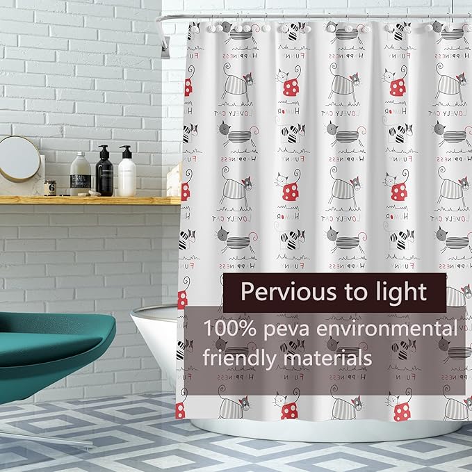 TIKABC Shower Curtain Liner, 4G PEVA Black and Red Kitten Shower Liner, Plastic Waterproof Shower Curtains, 72x72 inch with Grommet Holes 3 Magnetic Weights