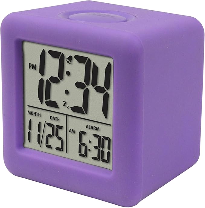 Equity 70912 Digital Purple Silicone Cube Alarm Clock with On-Demand Backlight