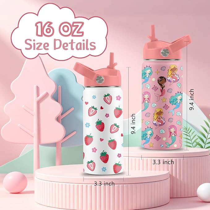 16 oz Water Bottle with Straw Lid, 2 Pack Set, Strawberry Mermaid Gifts for Girls, Stainless Steel Insulated Water Bottles for School Travel Outdoor Sports, Pink Cups Birthday Gifts