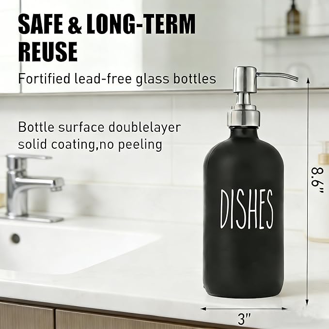 Black Glass Soap Dispenser with Stainless Steel Pump, Farmhouse Style Hand & Dish Soap Dispenser for Bathroom and Kitchen Sink, Soap Dispenser for Kitchen Sink (Black d)