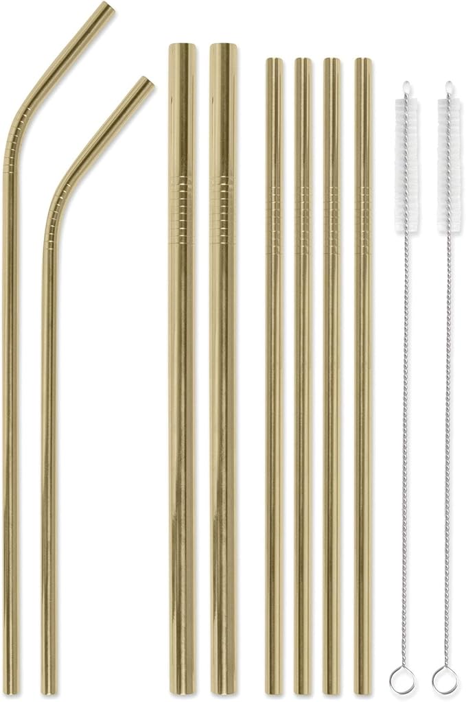 DesignWorks Ink Reusable Stainless Steel Straws with Case - Includes 2-Bendy Straws, 2-Smoothie Straws 4-Metal Straws, 2-Straw Cleaner Brushes in Green "Sippity Doo Dah" Straw Holder Travel Case