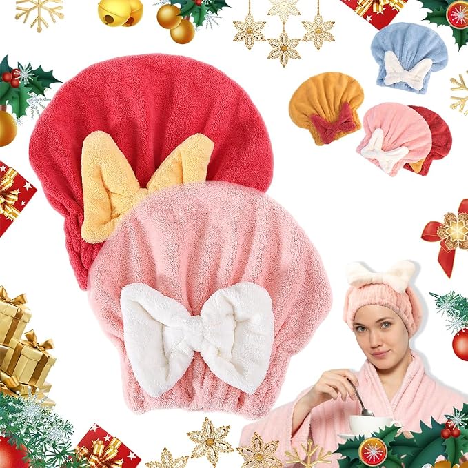 2 Pack Super Absorbent Hair Towel Wrap for Wet Hair, Microfiber Hair Towel Wrap Women Quick-Drying Thickened Hair Towels, Soft Bow Tie Wet Hairs Towel Wrap for Women Accessories (Red+Pink)
