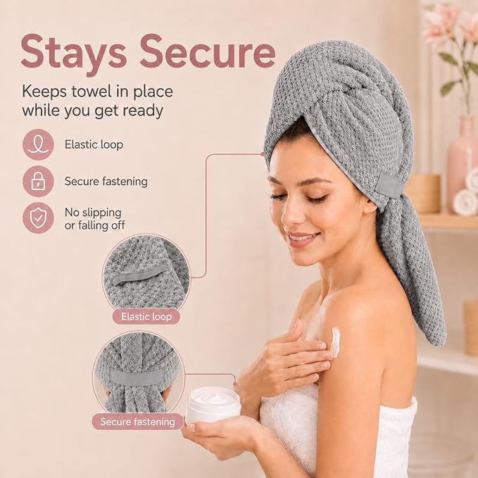 Large Hair Towel Wrap for Women, Quick-Dry Turban, Ultra Absorbent & Anti-Frizz, Ideal for Long, Thick & Curly Hair, Soft Lightweight Microfiber Drying Towel (24x42, Grey)