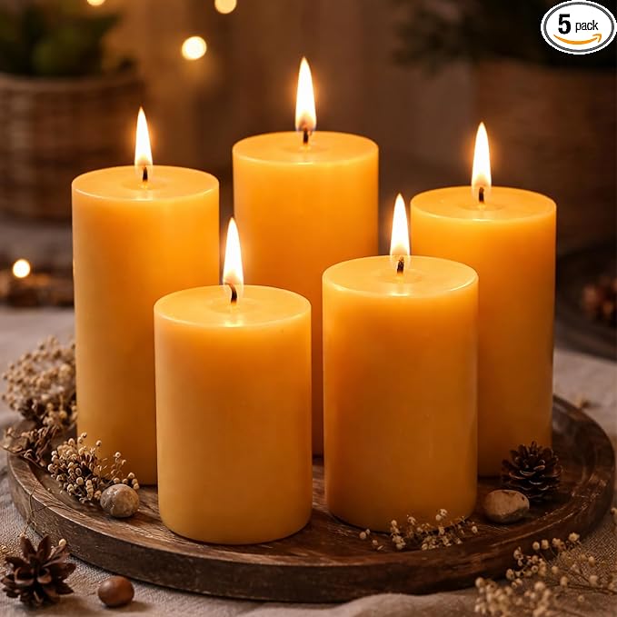 5 Natural Beeswax Pillar Candles, 100% Pure Natural Non Toxic Bees Wax,Long Burning for 175 Hours, Smokeless and Dripless, Yellow Beeswax Candles Bulk for Home, Emergency, Prayer, 2x4 Inches