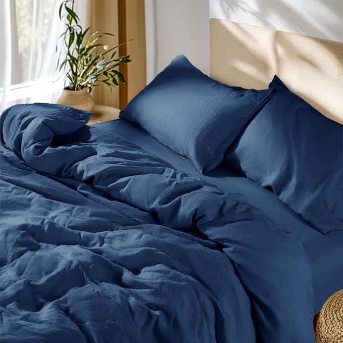 SONORO KATE 100% French Linen Duvet Cover King Size, Soft Breathable for Hot Sleepers, Moisture Wicking & Durable Cover Set - Zipper Closure & 4 Corner Ties Duvet Covers 3 Piece (Navy Blue,King)