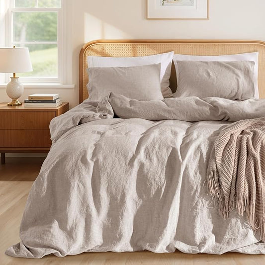 LBRO2M 100% France Linen Duvet Cover Set 3 Pcs Including 1 Flax Comforter Cover with Zipper Closure, 2 Pillowcase, Cozy Duvet Cover Queen Size, Linen Color