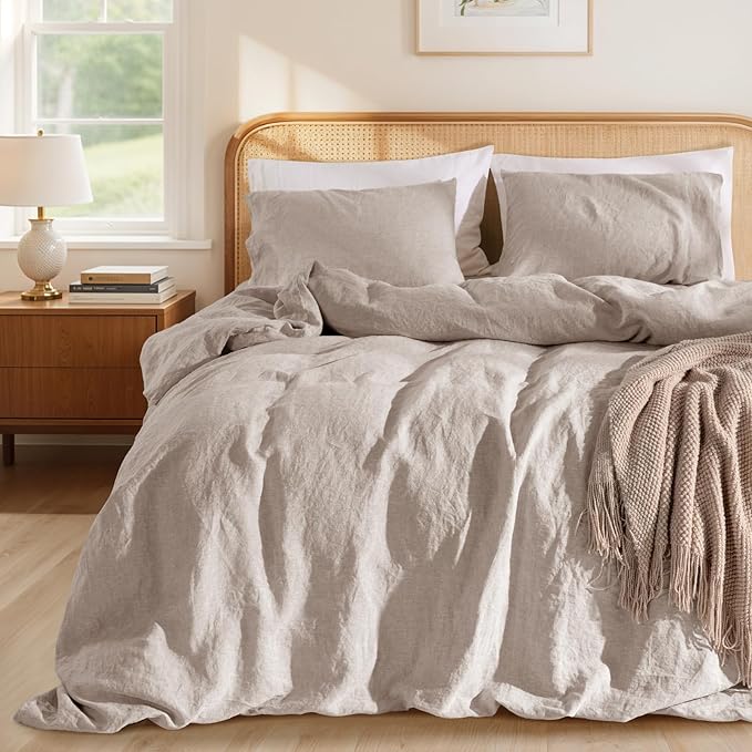 LBRO2M 100% France Linen Duvet Cover Set 3 Pcs Flax Comforter Cover with Zipper Closure 2 Pillowcase 1 Breathable Duvet Cover Full Size, Linen Color
