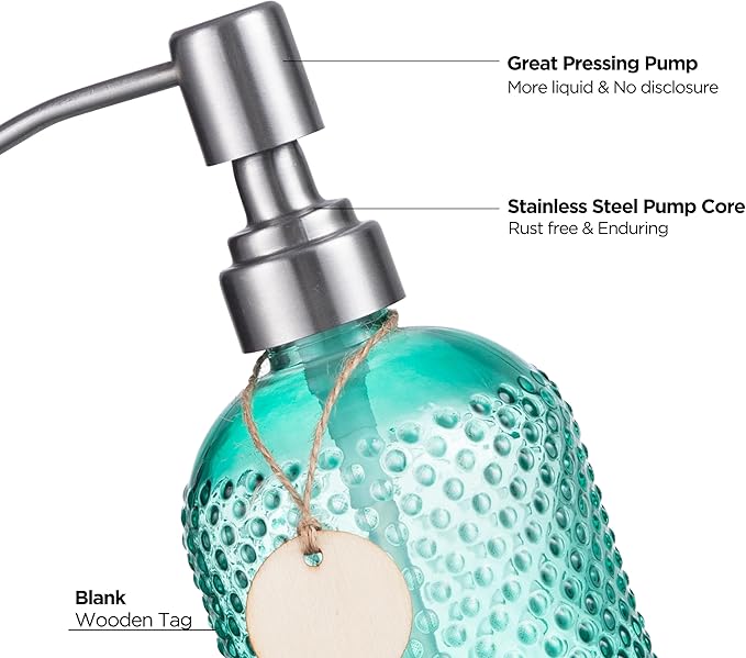 HBlife 2 Pack 16 Oz Glass Soap Dispenser with Stainless Steel Pump, Kitchen Bathroom Refillable Lotion Dispenser (Green)