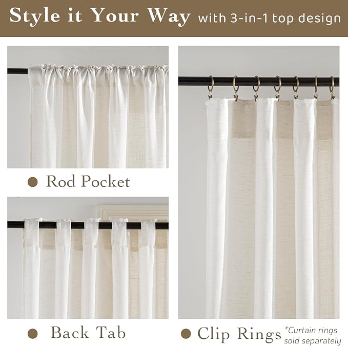 RYB HOME Sheer Curtains 84 inches Long Linen Blend Light & Airy Vertical Translucent Panels for Bedroom Living Room Office, Rod Pocket & Back Tab, W52 x L84, Ivory, 2 Panels
