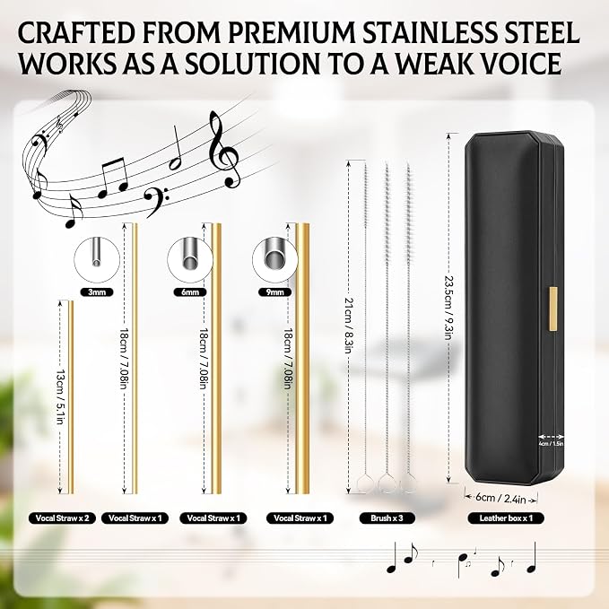 Singing Straw for Vocal Training - 3 Sizes of Singing Straw Tool Set, Stainless Steel Vocal Training and Healing Aid, to Improve, Train & Heal Your Voice(Golden,Gift Box)