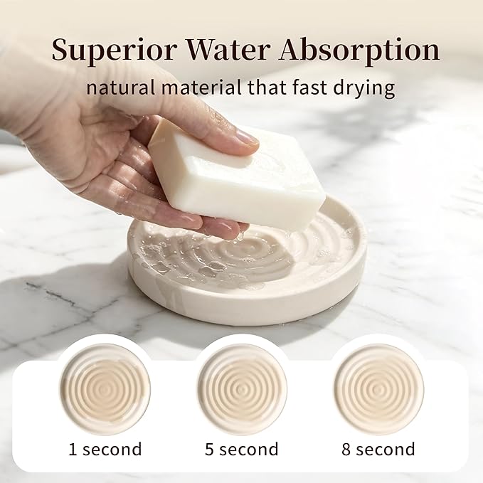 Diatomite Soap Holder 4.8 in Natural Diatomaceous Earth Absorbent Tray Quick Dry Water Ripple Soap Dish (Beige)