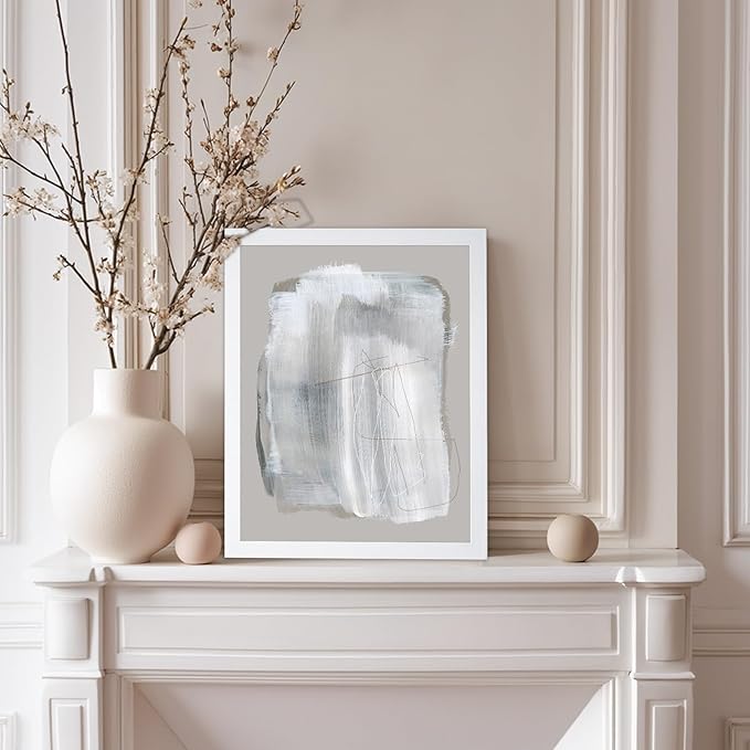 Monem Art Abstract Minimal Brushstroke Print - Scandinavian Neutral Line Art Poster - Wall Decor for Living Room, Bedroom or Office - 8x10 White Framed Wall Art by Mareike Bohmer