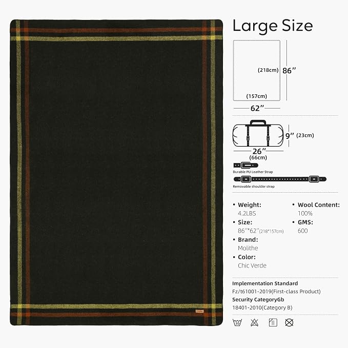 Molithe 100% Wool Blanket, 62" x 86", Warm, Thick, Washable, Military | Great for Camping, Outdoors, Sporting Events, Survival Kits Chic Verde