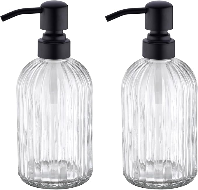 Matte Black Dish Kitchen Soap Dispenser, Bathroom Liquid Soap Dispenser with Rustproof Stainless Steel Pump, 16 Oz Glass Bottle,2 Packs