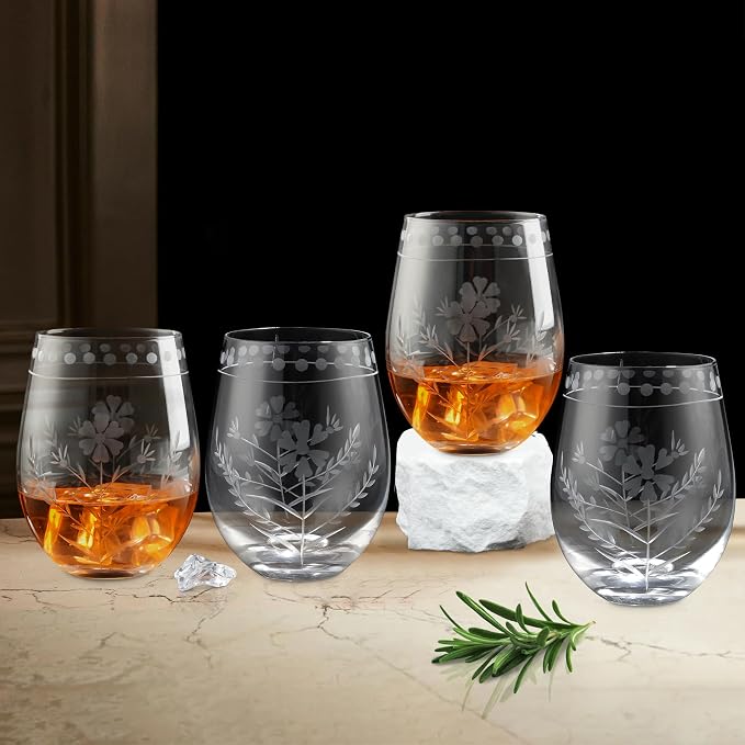 Joeyan Hand Blown Etched Stemless Wine Glasses,Carved Red and White Wine Tumbler with Floral Pattern,Clear Drinking Glass Cups,Glassware for Birthday Party Anniversary,19 oz,Set of 4,Dishwasher Safe