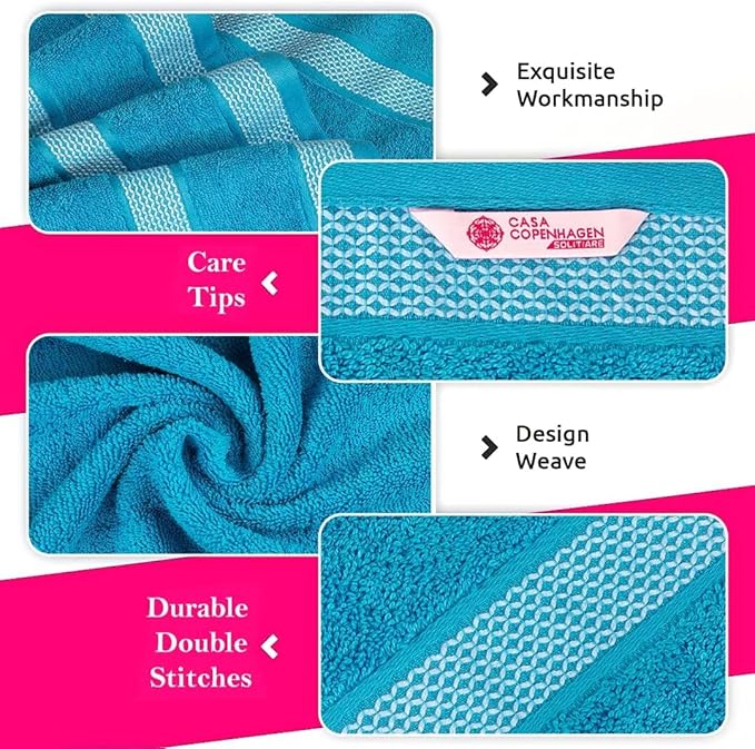 CASA COPENHAGEN Solitaire 6Pcs 100% Egyptian Cotton Large Designer Towels Gift Set- Teal, 600GSM, 2Bath 2Hand 2Washcloths, Bath Towels for Bathroom Set for Women & Men