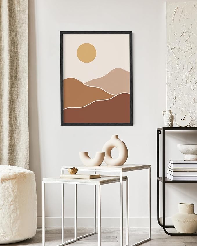 Organic Abstract Shapes Wall Art Minimalist Botanical Silhouette Earth Tones Terracotta Mid Century Modern 16x20 Inch Oak Wood Black Framed Scandi Boho Print for Home Office