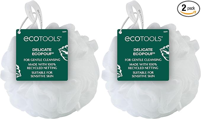 EcoTools Delicate EcoPouf Body Loofah, Gentle Exfoliating Shower Sponge for Sensitive Skin, 100% Recycled Netting Bath Pouf, 1 Count (Pack of 2)