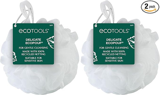 EcoTools Delicate EcoPouf Body Loofah, Gentle Exfoliating Shower Sponge for Sensitive Skin, 100% Recycled Netting Bath Pouf, 1 Count (Pack of 2)