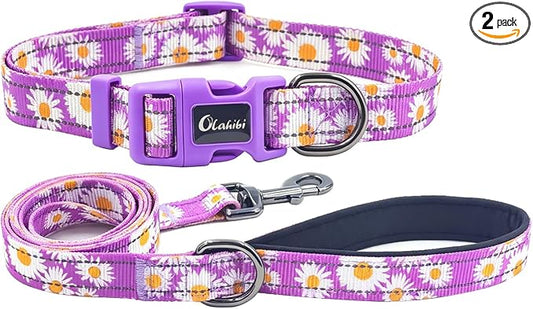 Dog Collar Leash Set, Floral Pattern, with Safety Reflective Strips, 5 ft Matching Leash, Neoprene Padded Handle, Adjustable 4 Sizes for Small Medium Large Dogs.(S, Purple Daisy)