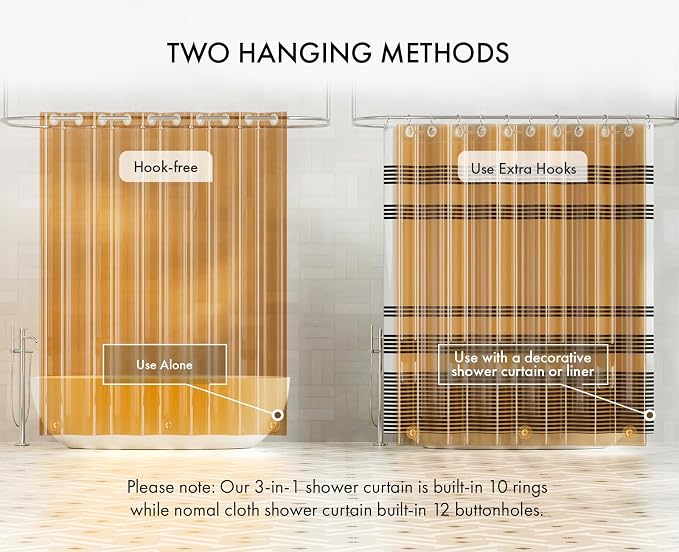 AmazerBath No Hook Shower Curtain and Liner 3-in-1, 8G Luxury Heavy Duty Clear Orange No Hook Shower Curtain Liner, 72x75 Cute EVA Bathroom Weighted Plastic Shower Curtain with 3 Heavyweight Stones