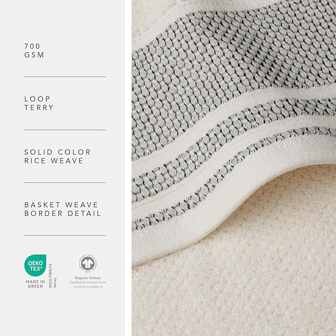 Texere 100% Organic Cotton Rice Weave Jacquard 700 GSM Luxury Bath Towel Sets - 2 Large Bath Towels (Rice Weave, Cream w/Blk, 2 Bath Towels)