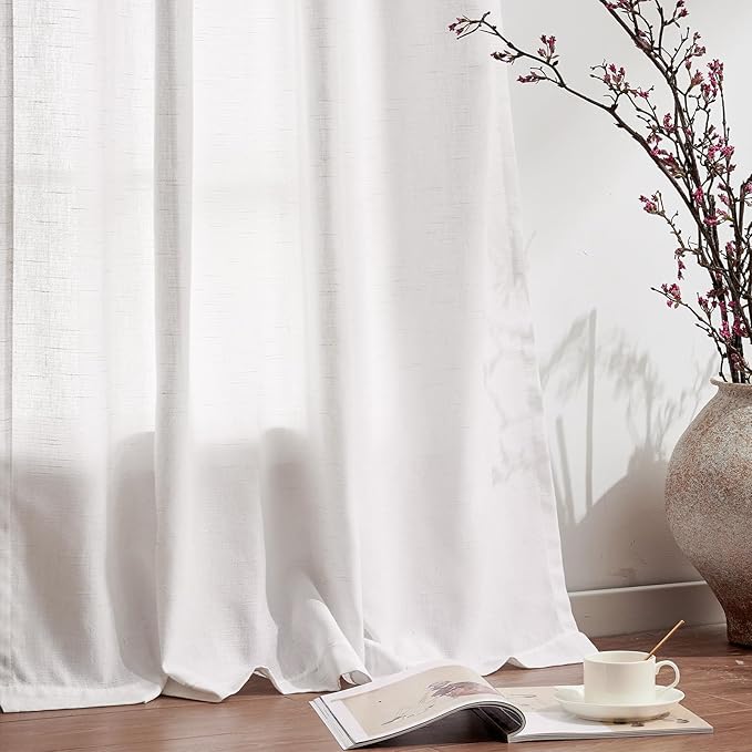 jinchan White Linen Curtains 63 Inch Long for Bedroom Dining Room 2 Panel Set Neutral Farmhouse Semi Sheer Linen Drapes Rustic Grommet Curtains Soft Light Filtering Window Drapes Grommet