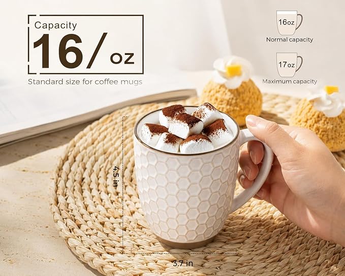 GBhome Large Coffee Mugs Set of 4, 16oz Handmade Embossed Coffee Mugs Set with Large Handle for Cappuccino/Latte/Tea/Hot Cocoa, Dishwasher & Microwave Safe, Off White