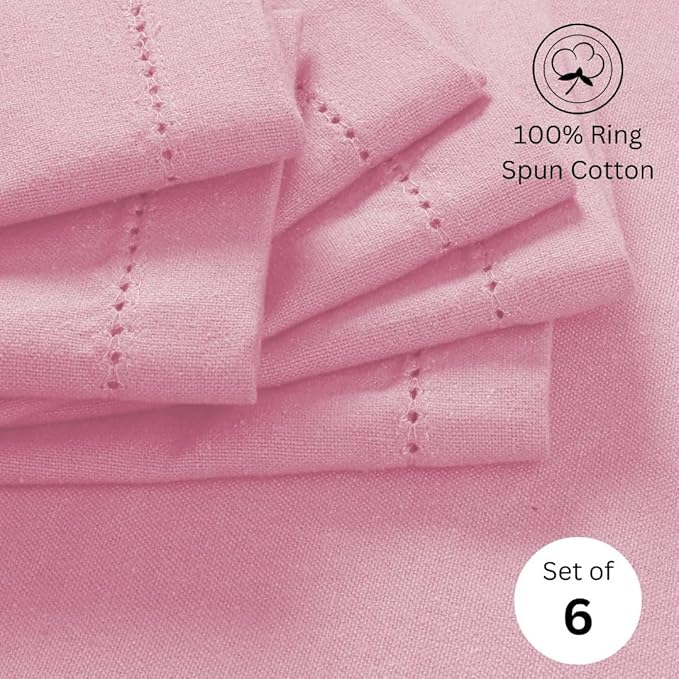 Hemstitch Dinner Napkins 100% Cotton Set of 6 - for Dining Special Occasions Weddings Parties Holidays Easter - Soft Durable Reusable - Elegant 18x18 Inch Table Cloth Napkins Baby Pink