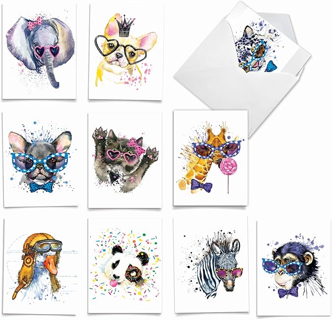 The Best Card Company Assorted Wildlife Watercolor Blank Card Box Set - Incl. 10 Animal Designs Notecards + Envelopes for Thank You, Invitations, More - Funky Colorful Creatures AM6749OCB-B1x10-NB