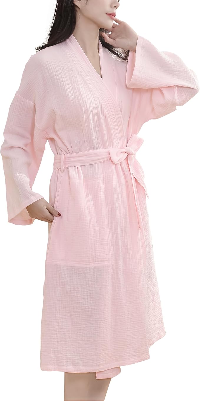 Women's Organic Cotton Bathrobe Long Sleeve Nightgowns Lightweight Waist-Tie Bath Robe for Home Spa Muslin Cotton Beach Wear