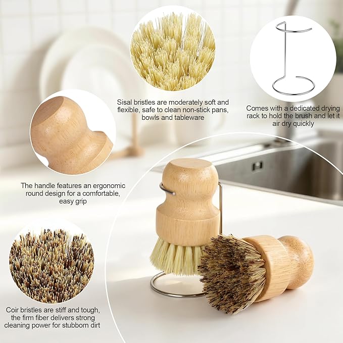 Bamboo Dish Brush Set with Holder, 2 Sisal Dish Brushes & 1 Palm Scrub Brush, Natural Kitchen Scrub Brush for Dishes, Pots, Pans, Sink