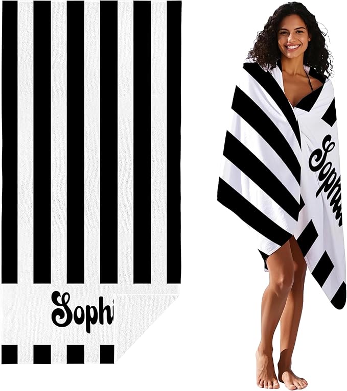 JML Personalized Beach Towel with Name, Custom Cabana Stripe Beach Towel, Customized Microfiber Pool Towel, Quick Dry & Absorbent Swim Towel for Adult,Anniversary, Birthday, Summer Holiday,Vacation