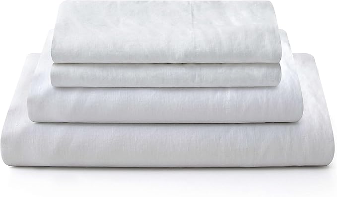 ATLINIA 100% Pure Flax Linen Bedding Set - Stone Washed French Linen Fabric Deep Pocket Fitted Sheet Farmhouse Flat Sheet 2 Pillowcases (White, Full)