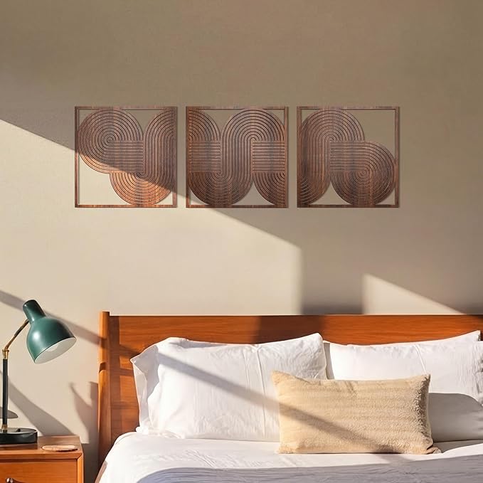 Yerliker 3 Pcs Mid Century Modern Wood Wall Art Decorations 3D Geometric Abstract Wall Sculpture for Living Room Bedroom Office Minimalist Aesthetic(Mid-century,11.81 x 11.81 x 1.97 Inch)