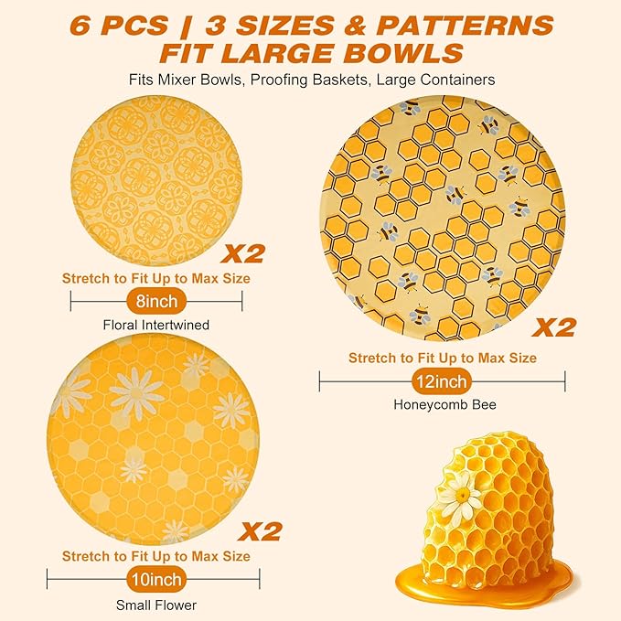 6 Pcs Beeswax Bowl Covers Reusable,Large Reusable Bowl Covers for Bread Proofing,Stretchable to Fit 8/10/12 Inch Bowls (2 Each),Beeswax Wraps for Bread,Leftovers,Fruits,Salad