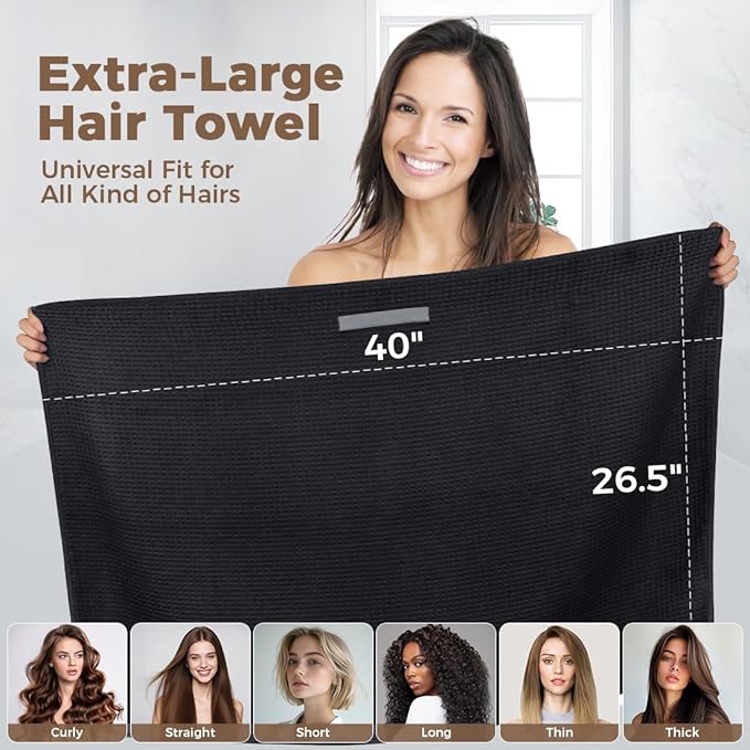 HOMEXCEL Large Microfiber Hair Towels 2 Pack, Waffle Weave Black Hair Towels - 40 x 26.5 inches Fast Drying Turbans for Long, Thick, Curly Hair - Anti Frizz Wrap with Elastic Strap