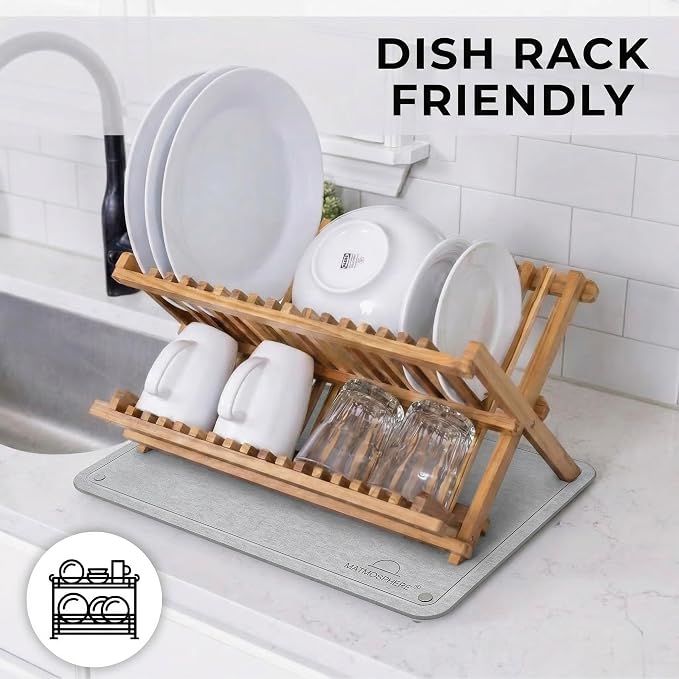 LARGE MATMOSPHERE Stone Dish Drying Mat for Kitchen Counter – Fast Absorbing Diatomaceous Mat with Stainless Steel Legs, Quick Dry, Dish Rack Mat, USA Small Business, 18”x14”, Light Gray