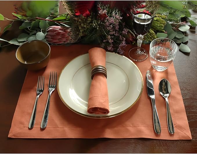 Huddleson Sienna Rust Orange Linen Napkin 20x20 (Set of Four) Luxury Italian Linen Napkin Sewn in US