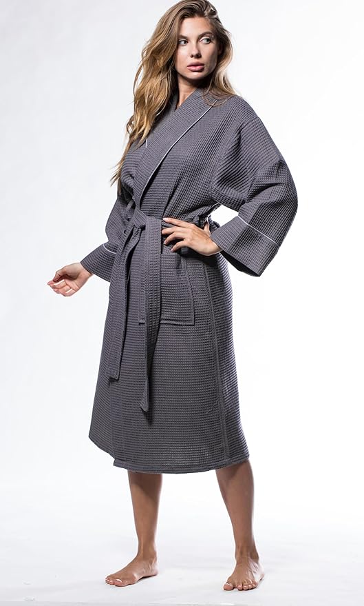 Turquaz Lightweight Waffle Knit Kimono Bathrobe - Soft Cotton Blend Spa Robe, Fast-Drying Full-Length Unisex Robes for Women