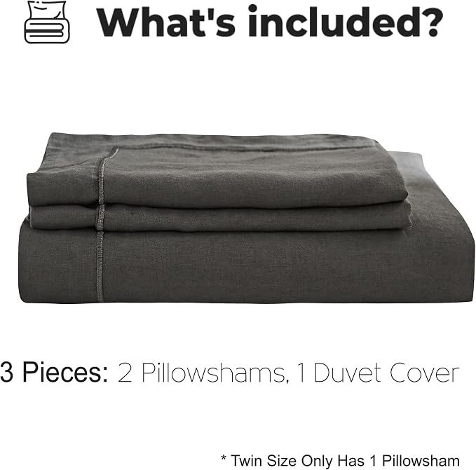 Simple&Opulence 100% Washed Linen Duvet Cover with Embroidered, 2 Pieces Soft Farmhouse Comforter Set with Button Closure,1 Duvet Cover and 1 Pillowsham(Twin,Charcoal Grey)