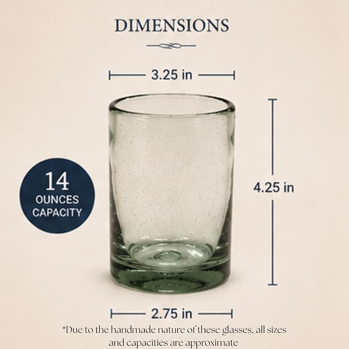 Aztecas Design Handblown Recycled Glass Drinking Glasses, Clear, Set of 4, Classic Style (16oz)