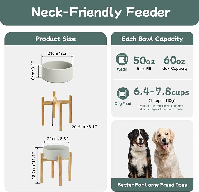 Havniva 8.3” Dog Bowls Elevated Ceramic Dog Food and Water Bowl, Raised Dog Water Bowl with Stand Non-Slip Rubber Base Large Capacity Feeding Pet Food Bowl for Large Dogs