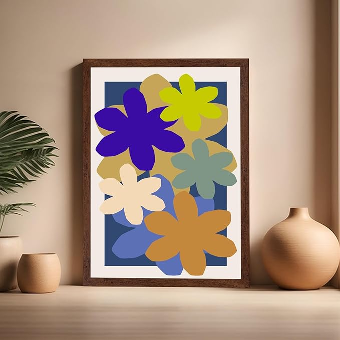 Monem Art Colorful Abstract Floral Shapes Print - Modern Minimalist Flower Art Poster - Wall Decor for Living Room, Bedroom or Office - 16x20 Brown Framed Wall Art by Rs Lab Studio