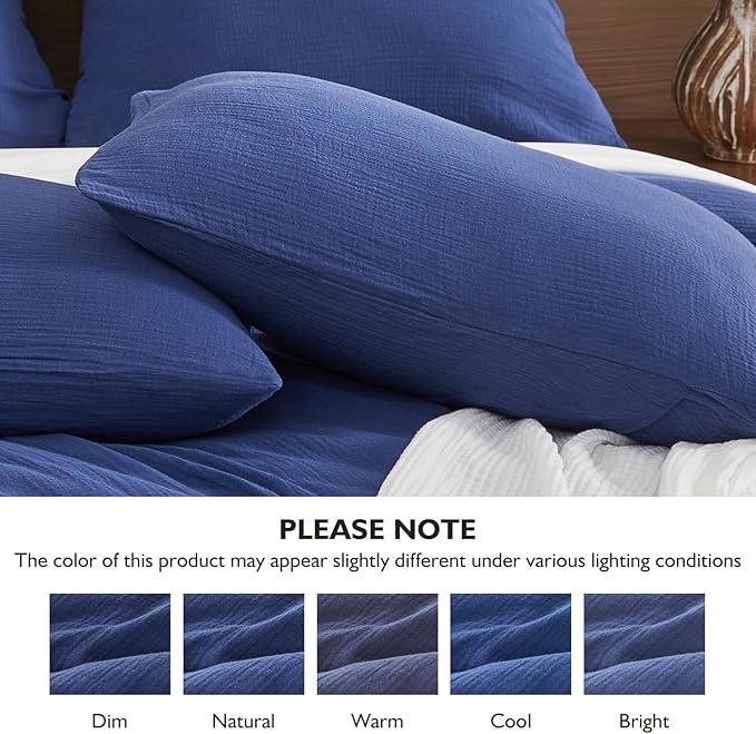 EMME Muslin Cotton Duvet Cover Set Navy Twin Size Linen Like Soft Breathable Lightweight Summer Comforter Cover Set with Zipper Closure (Navy, Twin, 68"x90")