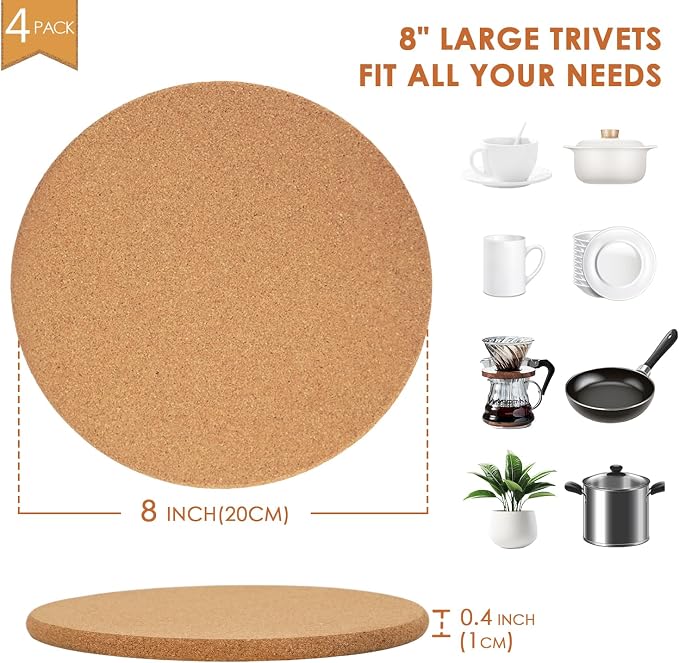 Cork Hot Pads for Kitchen,4 Pack High Density Thick Cork Trivets for Hot Dishes 8" Heat Resistant Large Cork-Coasters Placemats for Table, Kitchen, Countertops