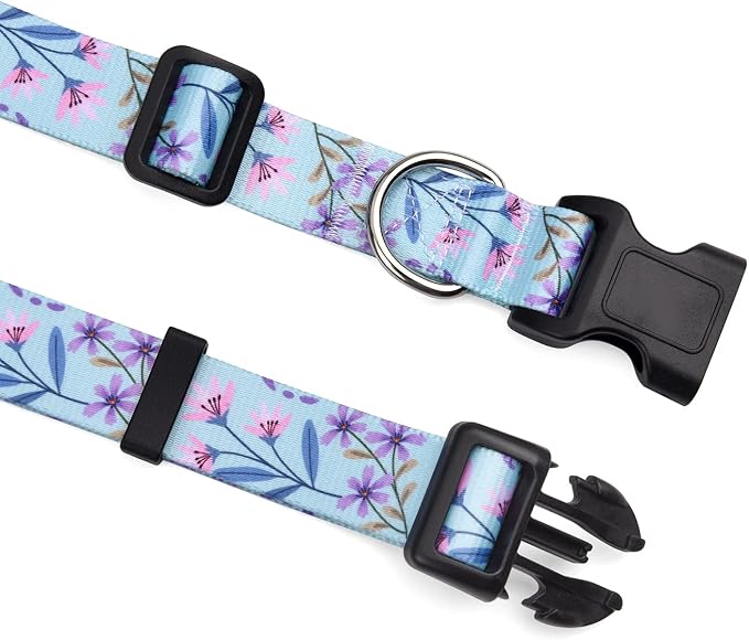 Mihqy Dog Collar and Leash Set with Bohemia Floral Tribal Geometric Patterns - Soft Ethnic Style Collar Adjustable for Small Medium Large Dogs(Pink + Purple Floral Set,M)