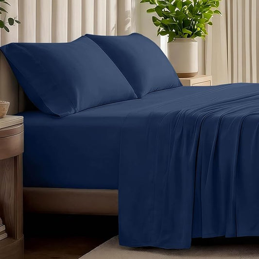 Bare Home 100% Organic Cotton Jersey Sheet Set, Ultra Soft, 100% Cotton - Sheet Set & Pillowcases - Deep Pocket Bed Sheets (Full, Dark Blue)