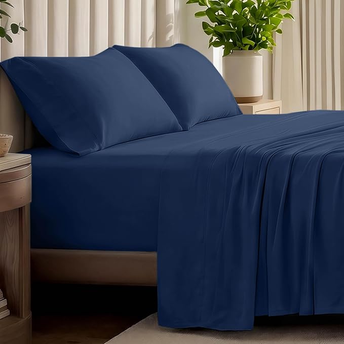 Bare Home 100% Organic Cotton Jersey Sheet Set, Ultra Soft, 100% Cotton - Sheet Set & Pillowcases - Deep Pocket Bed Sheets (Queen, Dark Blue)