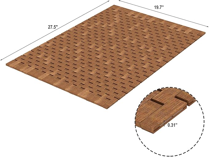 Teak Wood Bath Shower Mat for SPA Sauna with Mutiple Silica Gel Feet 27.5X19.7X0.31-Inch